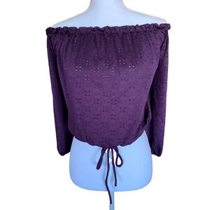 Peppermint Womens Top Boho Peasant Purple Off On Shoulder Eyelet Cropped Large